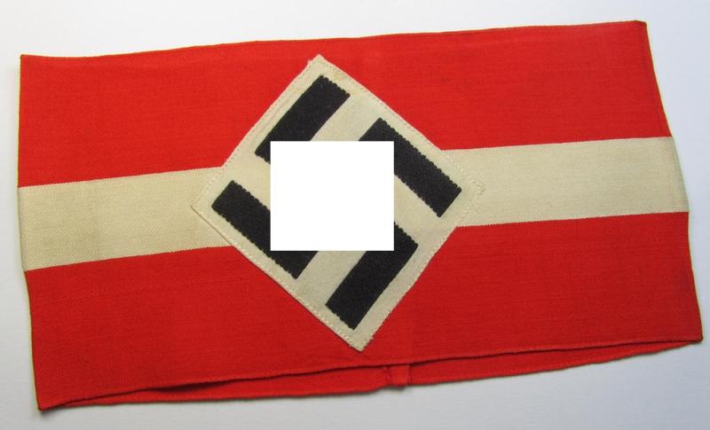 Attractive - and nowadays scarcely found! - 'standard'- (ie. entirely woven) pattern, bright-red-coloured HJ- (ie. 'Hitlerjugend'-) related armband (ie. 'Armbinde') being a hardly worn- ie. used example that regrettably misses its 'RzM'-etiket