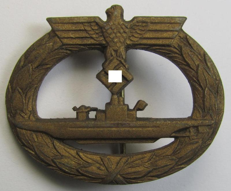 Later-war-period - and typical zinc- (ie. 'Feinzink'-) based - WH (Kriegsmarine), so-called: 'U-Bootkriegsabzeichen' (or: U-boat war-badge) being a clearly maker- (ie. 'RS'-) marked example as was produced by the: 'Rudolf Souval'-company