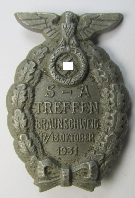 Commemorative, 'solid-back'-pattern and aluminium-based: SA- (ie. 'Sturmabteilungen'-) related day-badge (ie. 'tinnie') being a maker- (ie. 'RzM M1/63'-) marked example that is showing the text: 'SA-Treffen Braunschweig - 17./18. Oktober 1931'