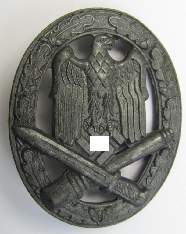 Attractive, 'Allgemeines Sturmabzeichen' (or: General Assault Badge ie. GAB) being a typical maker- (ie. 'ÜÜ'-) marked, zinc-based- (ie. 'Feinzink'-) pattern as was produced by the: 'E.Ferd. Wiedmann'-company