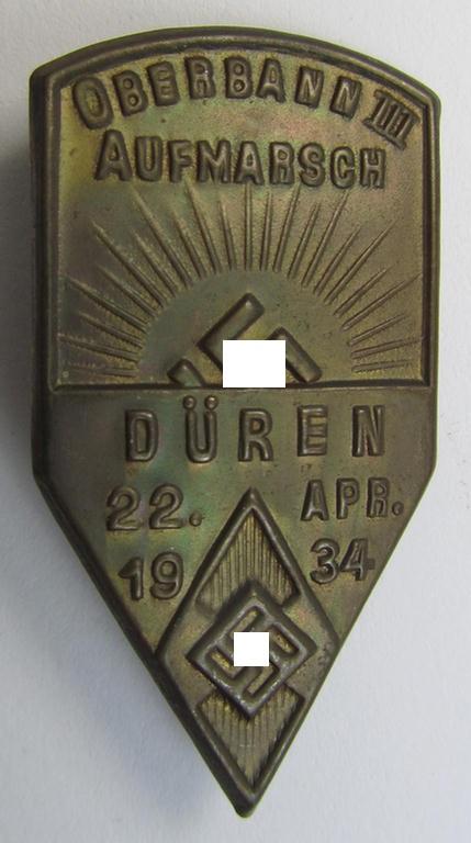 Superb - and rarely found! - HJ- (ie. 'Hitlerjugend'-) related day-badge (ie. 'tinnie' or: 'Veranstaltungsabzeichen') as was issued to commemorate a HJ-related event named: 'Oberbann III Aufmarsch - Düren - 22. Apr. 1934'