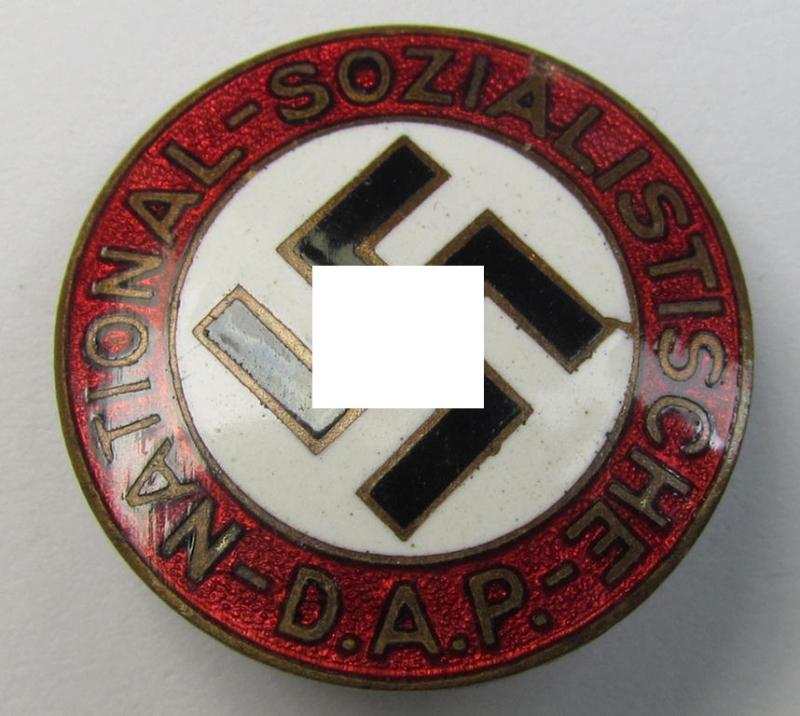 Superb - and scarcely found! - neatly enamelled- (and bright-red-coloured) 'N.S.D.A.P.'-membership-pin- ie. party-badge (or: 'Parteiabzeichen') which is nicely maker-marked on its back with the makers'-designation: 'Paulmann & Crone - Lüdenscheid'