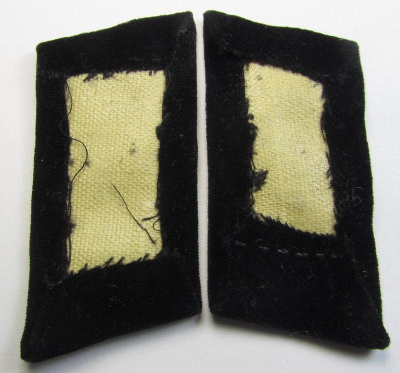 Attractive - and matching! - pair of RAD- (ie. 'Reichsarbeitsdienst') hand-embroidered, officers'-type collar-tabs (of the 2nd pattern) as mounted onto a black-coloured background as was intended for a medium-ranked RAD-officer ('mittlere Führer')