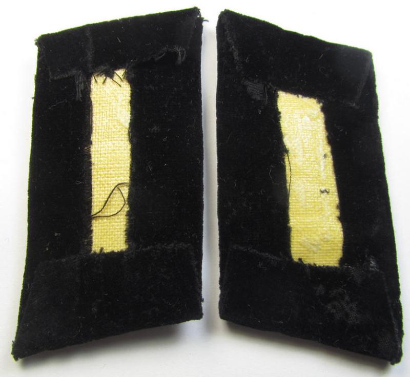 Superb - and fully matching! - pair of RAD- (ie. 'Reichsarbeitsdienst') hand-embroidered, officers'-type collar-tabs (of the 2nd pattern) as mounted onto a velvet-based background as was intended for a higher-ranked RAD-officer ('höhere Führer')