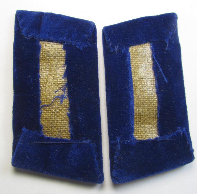 Attractive - and matching! - pair of RAD- (ie. 'Reichsarbeitsdienst') hand-embroidered, officers'-type collar-tabs (of the 2nd pattern) as mounted onto a blue-coloured background as was intended for a medium-ranked RAD-officer ('mittlere Führer')