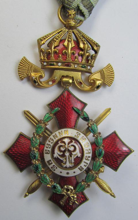 Attractive, bright-golden-toned, Bulgarian WWII-period military-officers'-cross: 'For Military Merit - IV class' (or: in Bulgarian- ie. Cyrilic language: “Орденъ за Военна Заслуга”) that comes in its period case as issued