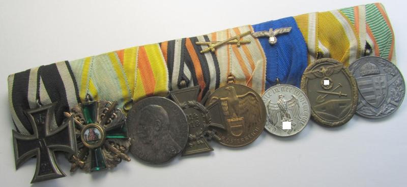 Superb, large-sized ie. 8-pieced WWI- (ie. TR-) related medal-bar (ie. 'Ordenspange') resp. depicting an: 'EK II. Kl.', a: 'Zähringer Löwen RK II.Kl. m.S', a: 'Baden VM', a: WH 'DA 4.St.', a: Westwall-medal two Austrian WWI comm. medals