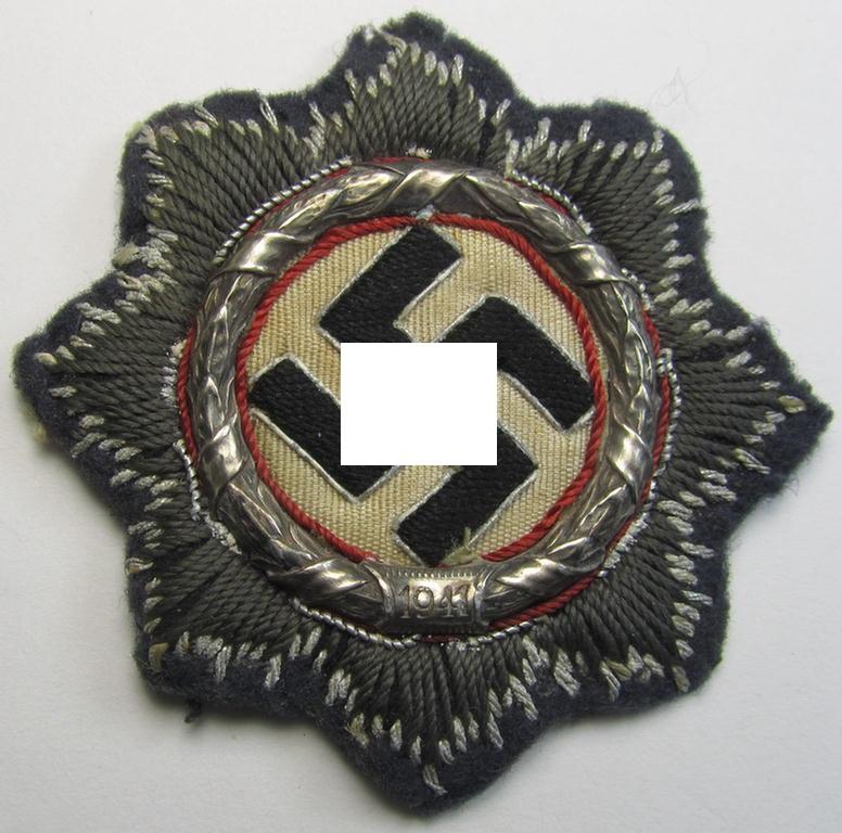 Stunning - and very rarely encountered albeit clearly issued- and/or worn! - example of a cloth-based version of a WH (Luftwaffe) 'Deutsches Kreuz in Silber' (ie. DKiS or German Cross in silver) and that comes in an overall very nice, condition