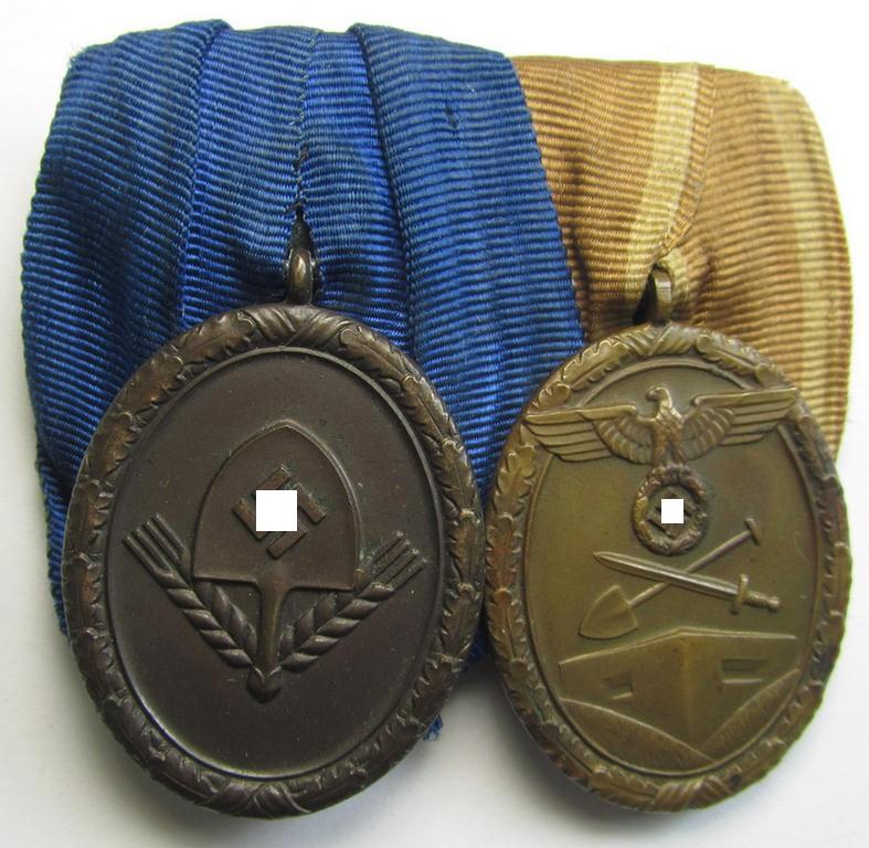 Attractive, 2-pieced WH (Heeres o. RAD-related) medal-bar (ie. 'Orden- o. Doppelspange') showing resp. an: 'RAD DA für 4 Jahre t.D.' and a: 'Deutsches Schutzwall Ehrenzeichen' (aka: 'Westwall'-medal)