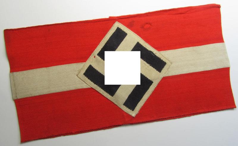 Attractive - and scarcely found! - 'standard'- (ie. entirely woven) pattern, bright-red-coloured HJ- (ie. 'Hitlerjugend'-) related armband (ie. 'Armbinde') being a moderately worn- ie. used example that regrettably misses its 'RzM'-etiket