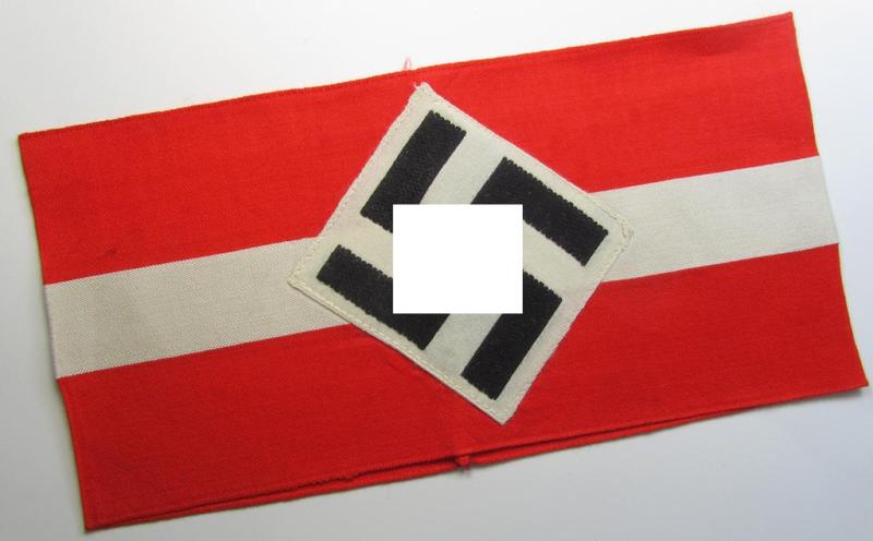 Attractive - and scarcely found! - 'standard'- (ie. entirely woven) pattern, bright-red-coloured HJ- (ie. 'Hitlerjugend'-) related armband (ie. 'Armbinde') being a hardly worn- nor used example that regrettably misses its 'RzM'-etiket