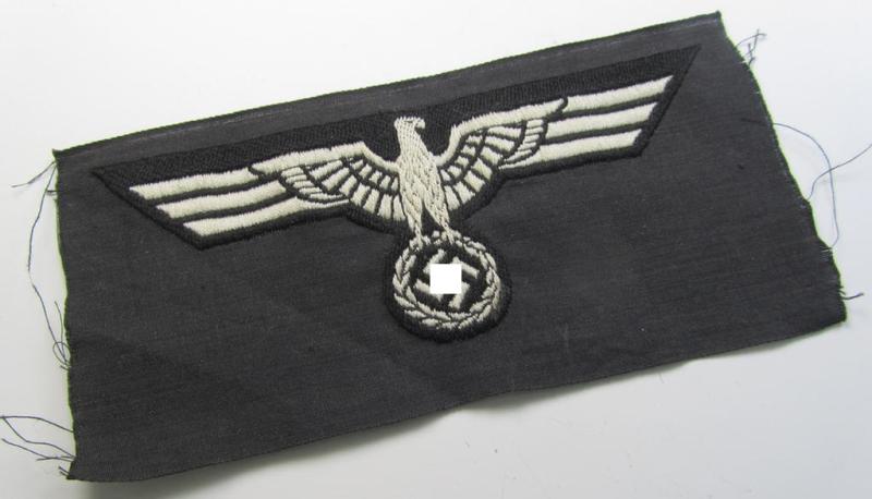 Neat, WH (Heeres) early- (ie. pre-) war-period- and/or white-coloured 'Panzer'-type breast-eagle of the so-called: 'M35'- (ie.'M36'-) pattern as was executed in the neat 'BeVo'-weave pattern on a black-coloured background