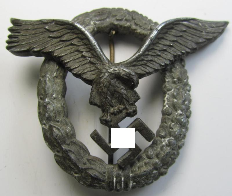 Moderately worn WH (Luftwaffe) 'Flugzeugführer-Abzeichen' (or: pilots'-badge) being a later-war-period- and/or zinc- (ie. 'Feinzink'-) based (and non-maker-marked) example as was produced by the: 'Friedrich Linden'- (ie. 'FLL'-) company