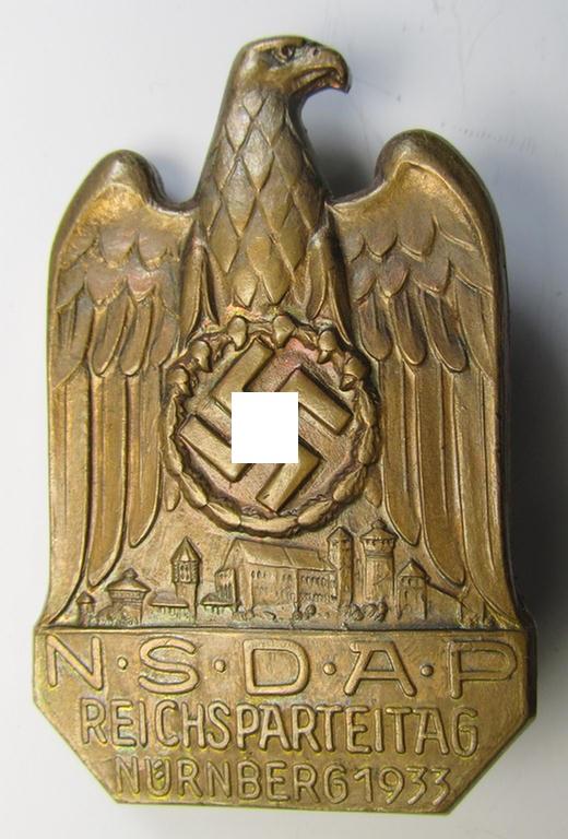 Superb - and luxuriously styled! - N.S.D.A.P.-related 'tinnie' (ie. 'Tagungs- o. Veranstaltungsabzeichen'-) being a non-maker-marked- and golden-bronze-toned example showing the text: 'N.S.D.A.P. Reichsparteitag - Nürnberg 1933'