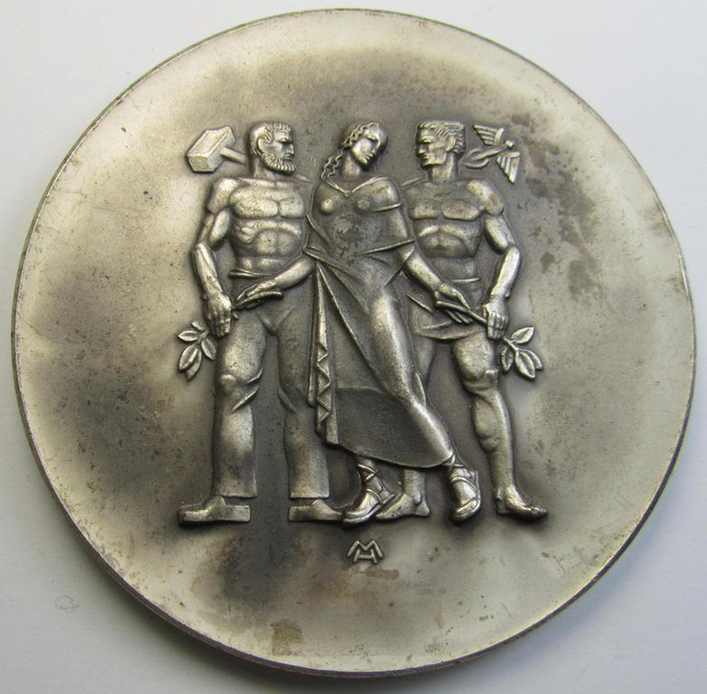 Larger-sized- and bright-silver-toned so-called: award-plaque (or: 'Erinnerungs- o. nichttragbare Medaille') showing 3 figures and that is entitled: 'Für langjährige Mitarbeit im Dienste der Pfälzischen Wirtschaft'