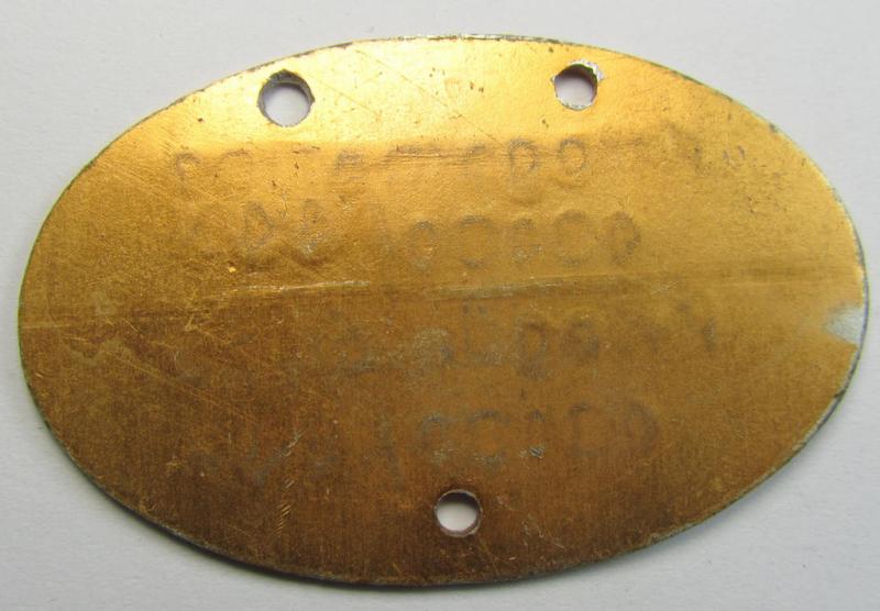 Later-war- (albeit 'standard-issue'-) pattern, WH (Kriegsmarine) typical aluminium-based- and/or bright golden-bronze toned ID-disc (ie. 'Erkennungsmarke') bearing the engraved coded numeral ie. text that reads: 'Kriegsmarine 43404/44K'