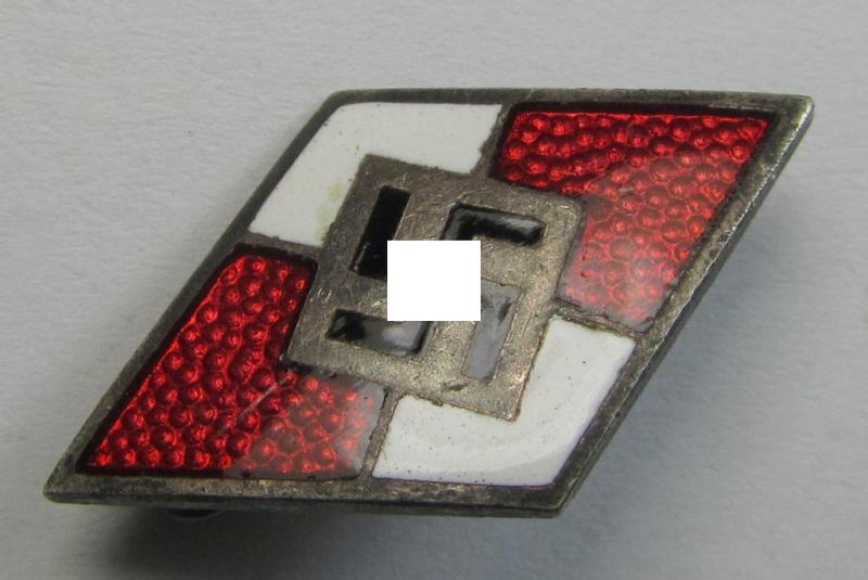 Attractive, HJ (ie. 'Hitlerjugend') enamelled lapel-pin (ie.: 'Raute') being a bright-red-coloured- and/or truly detailed - and untouched! - example showing an: 'RzM - M1/77'-makers'-designation on its back
