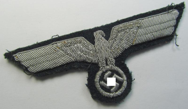 Superb - and just moderately used! - WH (Heeres) officers'-type, hand-embroidered breast-eagle (ie. 'Brustadler für Offiziere') as was executed in bright-silverish-coloured braid as was intended for usage on the various officers'-pattern tunics
