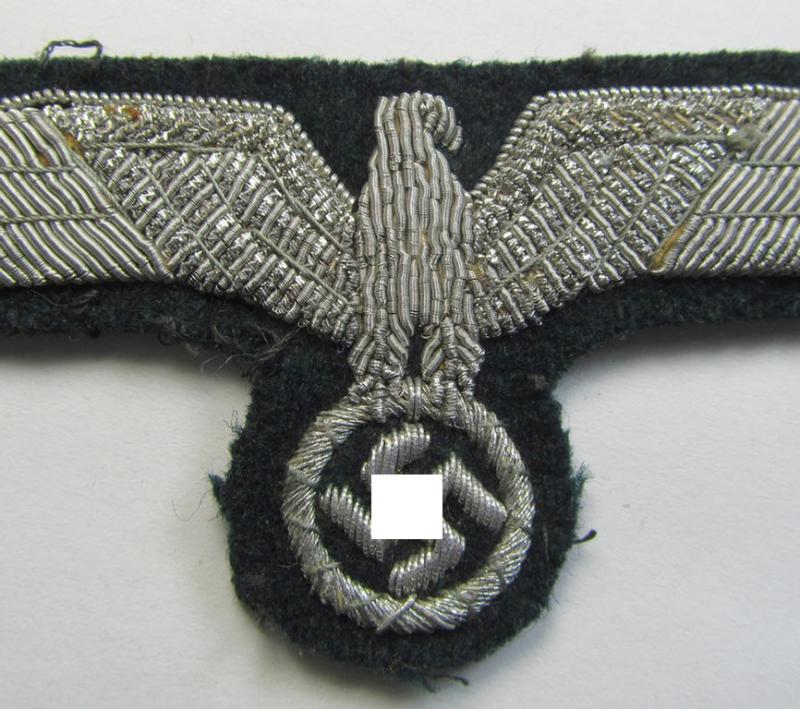 Superb - and just moderately used! - WH (Heeres) officers'-type, hand-embroidered breast-eagle (ie. 'Brustadler für Offiziere') as was executed in bright-silverish-coloured braid as was intended for usage on the various officers'-pattern tunics