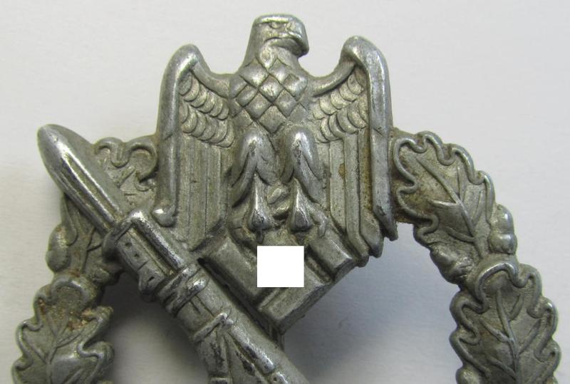 Attractive, 'Infanterie Sturmabzeichen in Silber' (or: silver-class infantry assault badge ie. IAB) being an unmarked example as executed in zinc-based metal (ie. 'Feinzink') as was (I deem) produced by the: 'A. Rettenmaier'-company
