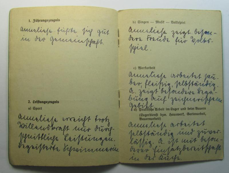 Neat, HJ- ie. BDM (ie. 'Hitlerjugend o. Bund Deutscher Mädel'): 'Landjahr'-ID-booklet dated: '1941' as was issued a (female!) BDM-member born in 1926 and that comes in an overall nice- (albeit clearly used- and/or fully filled-in-), condition