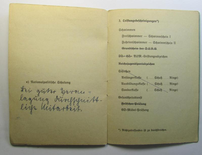 Neat, HJ- ie. BDM (ie. 'Hitlerjugend o. Bund Deutscher Mädel'): 'Landjahr'-ID-booklet dated: '1941' as was issued a (female!) BDM-member born in 1926 and that comes in an overall nice- (albeit clearly used- and/or fully filled-in-), condition