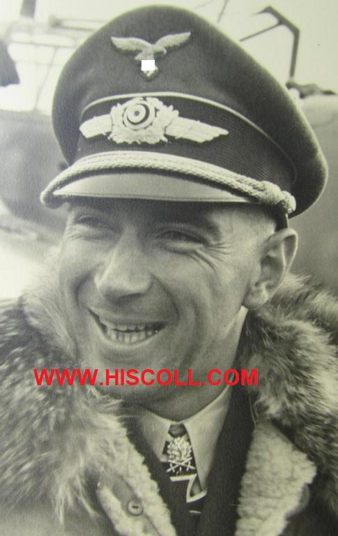 Superb, two-pieced post-card-sized- (and/or period!) portrait-picture-grouping depicting the famous WH (Luftwaffe) 'ace' Werner Mölders (proudly wearing his Knights'-Cross with oakleaves, swords and diamonds ie. 'Ritterkreuz des Eisernen Kreuzes')
