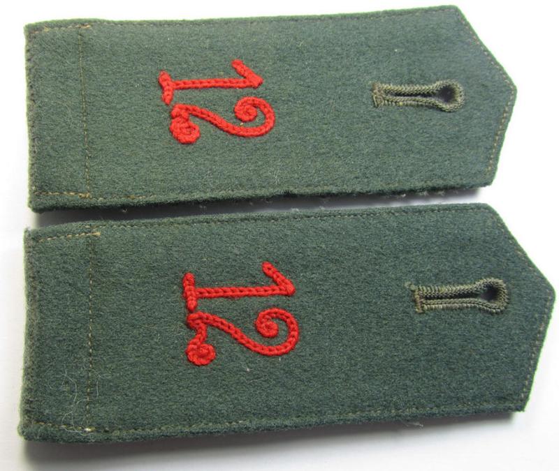 Attractive - and fully matching! - pair of WH (Heeres), early- (ie. pre-) war-period, 'M36'-pattern (pointed-styled- and neatly 'cyphered') so-called: EM-type shoulderstraps as was intended for a: 'Soldat des Artillerie-Regiments 12'