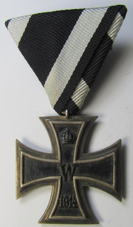Interesting, WWI-period 'Eisernes Kreuz II. Klasse' being a non-maker-marked example that comes mounted onto its original and Austrian-styled ribbon (ie. 'Bandabschnitt')