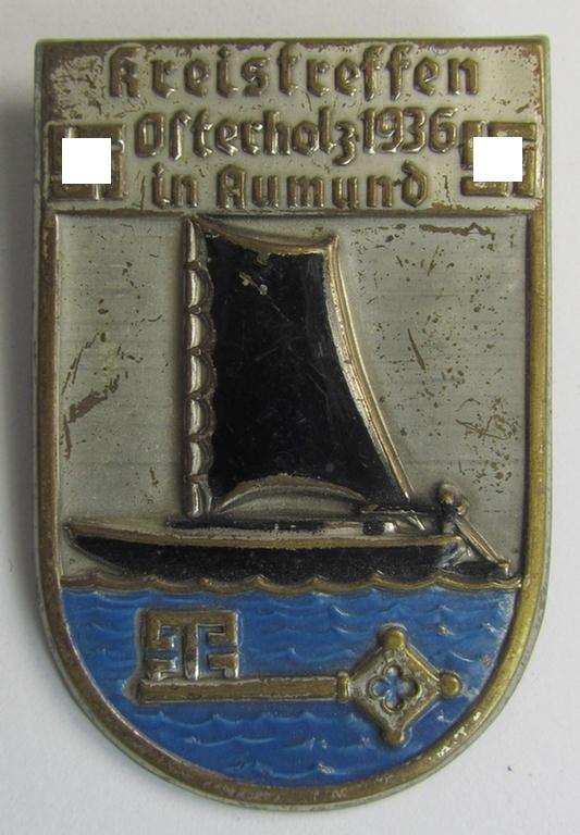 Silverish-toned - and partly enamelled! - N.S.D.A.P.-related day-badge (ie. 'tinnie') being a non-maker-marked example as was issued to commemorate a specific gathering entitled: 'Kreistreffen Osterholz - 1936 - in Aumund'
