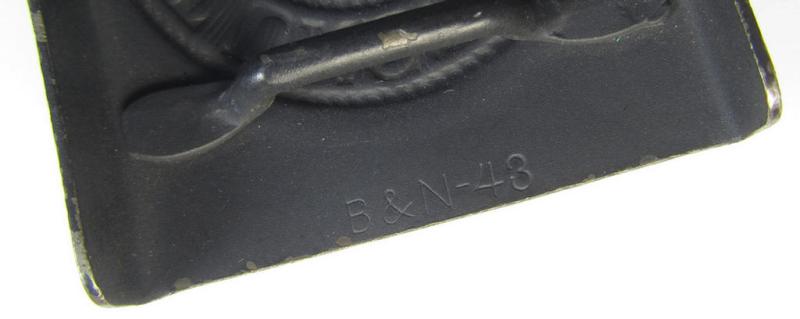 Attractive, mid-war-period WH (Heeres) bluish-grey-coloured- and/or steel-based belt-buckle being a maker- (ie. 'B&N - 43'-) marked example that comes in a minimally worn- (ie. fully untouched-), condition