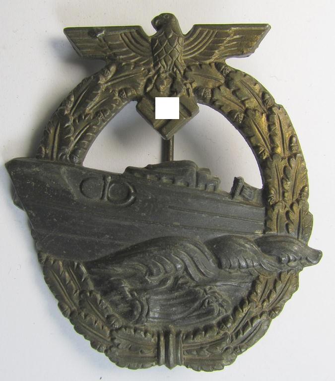 Attractive, WH (Kriegsmarine) so-called: 'Kriegsabzeichen für Schnellboote - 2. Modell' (or: E-boat-war-badge of the 2nd model) being a maker- (ie. 'RS'-) marked example as was produced by the: 'Rudolf Souval'-company