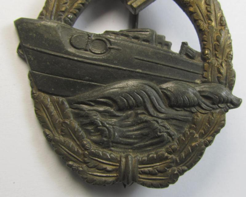 Attractive, WH (Kriegsmarine) so-called: 'Kriegsabzeichen für Schnellboote - 2. Modell' (or: E-boat-war-badge of the 2nd model) being a maker- (ie. 'RS'-) marked example as was produced by the: 'Rudolf Souval'-company