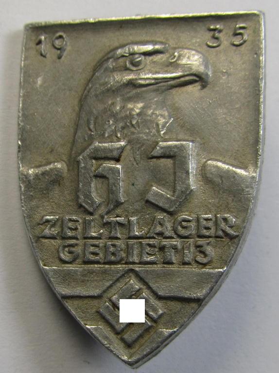 Superb - and scarcely encountered! - HJ o. DJ- (ie. 'Hitlerjugend o. Deutsches Jungvolk') related 'tinnie' being a clearly maker- (ie. 'E.F. Wiedmann - Frankfurt'-) marked example showing the text: 'HJ-Zeltlager - Gebiet - 1936'