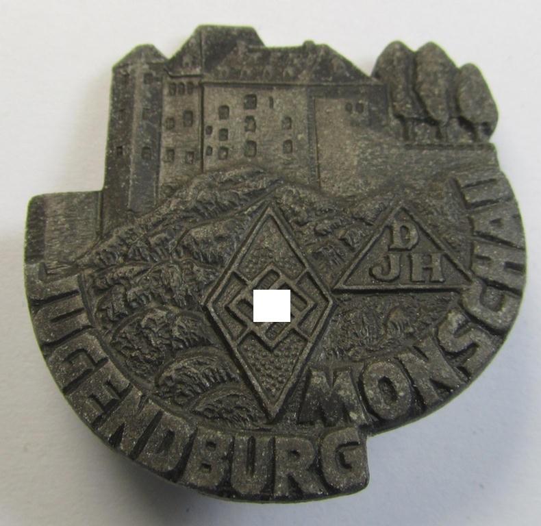 Superb, DJH- ie. HJ- (ie. 'Hitlerjugend'-) related day-badge (ie. 'tinnie' or: 'Veranstaltungsabzeichen') as was issued to commemorate a DJH- ie. HJ-related complex named: 'Jugendburg Monschau'