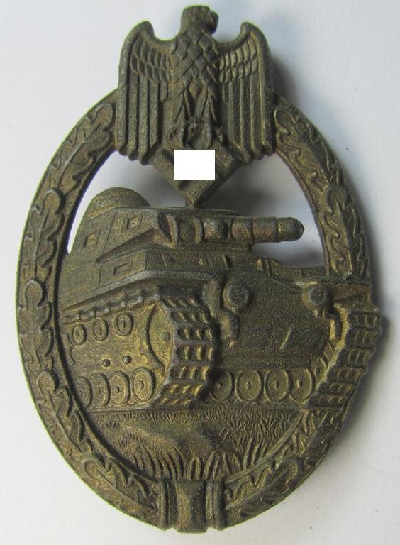 Attractive, 'Panzerkampfabzeichen in Bronze' (or: bronze-class panzer assault-badge or PAB) being a neat zinc- (ie. 'Feinzink'-) version (having a so-called: 'vertical'-set-up) as was procuced by the: 'Steinhauer u. Lück' (ie. 'S.& L.') company