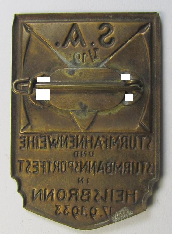 Superb - and truly rarely found! - commemorative, SA- (ie. 'Sturmabteilungen'-) related 'tinnie' depicting two swastika-flags and text that reads: 'S.A. I/19 Sturmfahnenweihe und Sturmbannsportfest in Heilbronn - 17.9.1933'