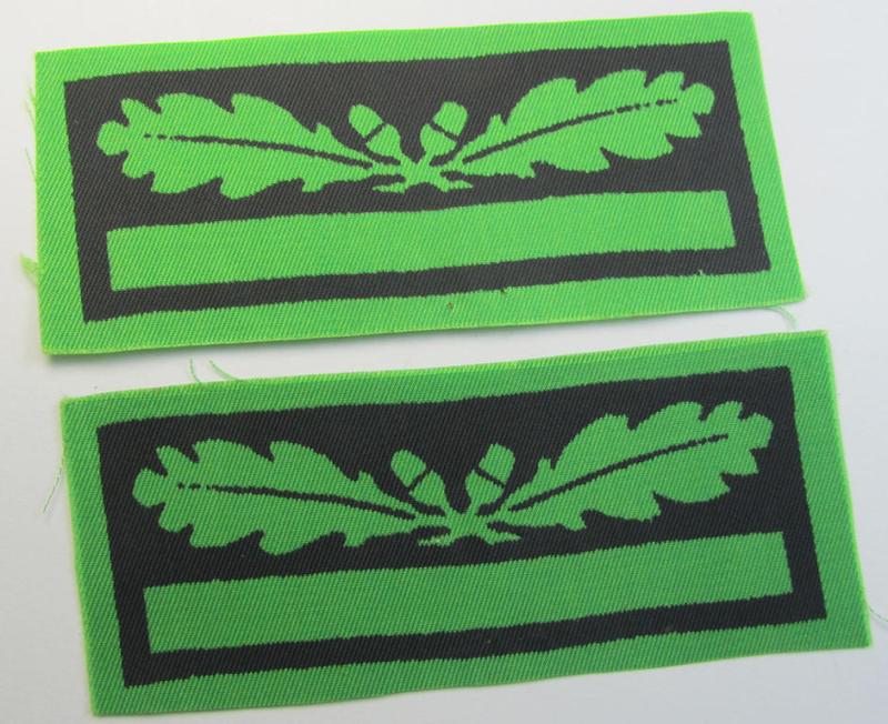 Attractive - and fully matching! - pair of officers'-pattern, WH (Heeres o. Waffen-SS) rank-insignia-bars (for usage on the various camouflaged-uniforms) as was used by an officer holding the rank of: 'Leutnant' (ie.: 'SS Untersturmführer')