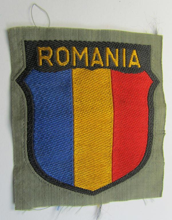 Superb - and rarely encountered! - German-produced, 'BeVo'-type armshield entitled: 'Romania' (being a piece that was intended for a volunteer who served within the: 'Deutsche Wehrmacht')