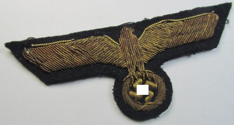 Attractive - and just moderately used! - WH (Kriegsmarine) officers'-type, hand-embroidered breast-eagle (ie. 'Brustadler für Offiziere') as was executed in bright-golden-coloured braid as was intended for usage on the various officers'-pattern tunics