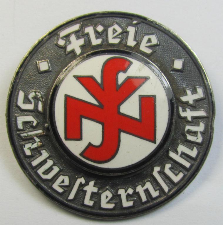 Attractive - albeit period repaired - DRK- (ie. 'Deutsches Rotes Kreuz'- or German Red Cross) related so-called: nurses'-brooch entitled: 'Freie Schwesternschaft' (being a moderately used- and multi-coloured-enamelled albeit non-maker-marked example)