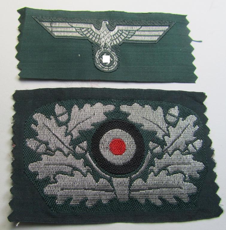 Superb, WH (Heeres) officers'-type cap-eagle and dito cocarde (both executed in so-called: 'flat-wire'- ie. 'BeVo'-weave pattern) as was specifically intended for usage on the: WH 'Knautschmützen' ie. 'Alter-art'-visor-caps (ie. 'Schirmmützen')