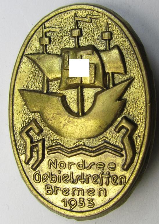 Neat - and scarcely encountered! - HJ (ie. 'Hitlerjugend'-) related 'tinnie', being a non-maker-marked example, showing an old-styled ship and text: 'H.J. - Nordsee Gebietstreffen - Bremen - 1933'