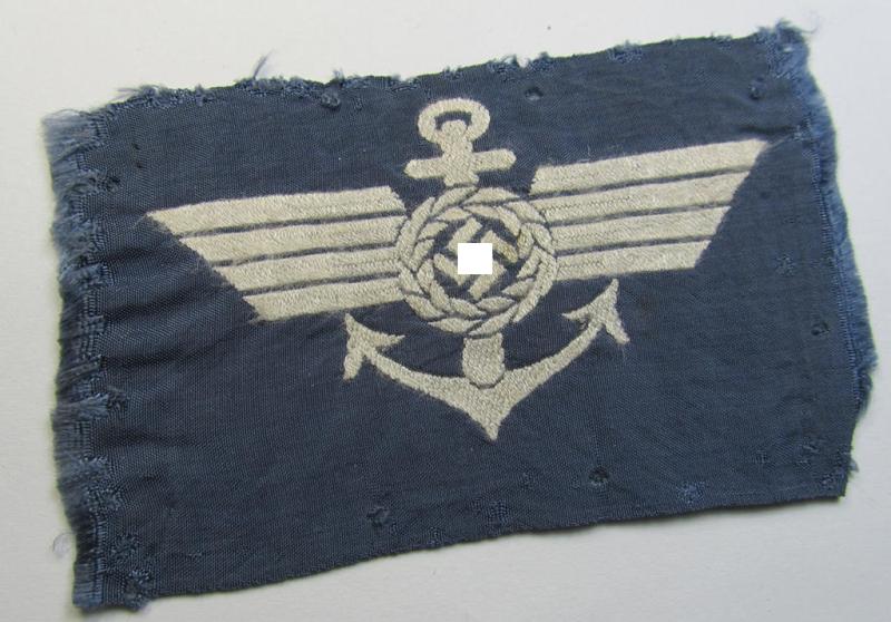 Superb - and exceedingly rarely found! - bluish-coloured and neatly BeVo-woven (I deem) breast-badge (ie. 'Hoheitsabzeichen') as was specifically intended for staff-members serving within the: 'Wasserstrassen-Luftschutzdienst'