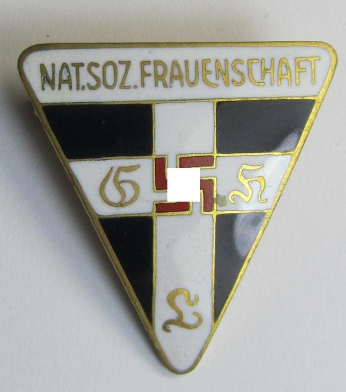 Neat, 'NS-Frauenschaft'-membership-badge (ie. 'Mitgliedsabzeichen', being a 25-mm.-sized (ie. 'Halbminiatur') example of the fourth pattern that shows a: 'RzM M1/92'- makers'-designation on its back