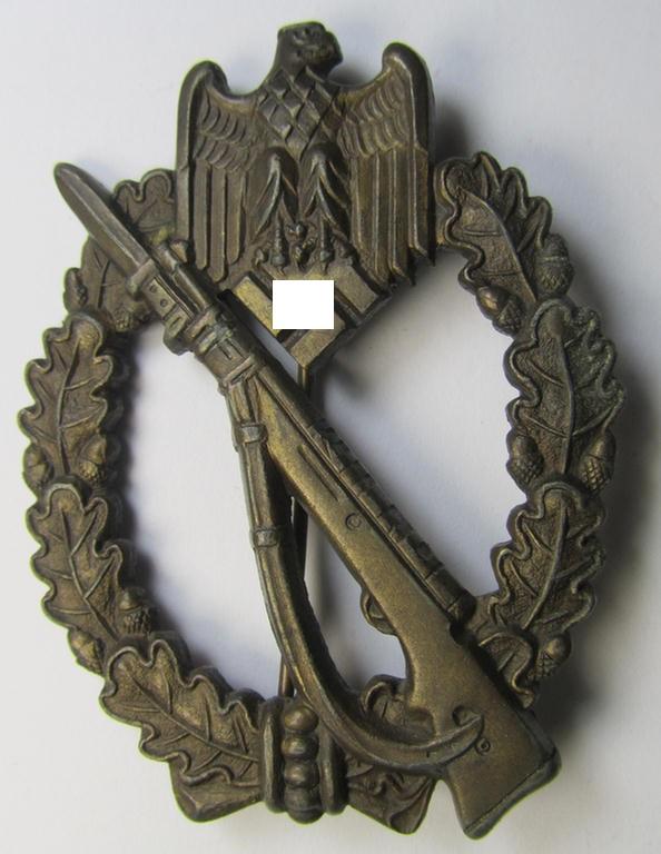 Superb, 'Infanterie Sturmabzeichen in Bronze' being a maker- (ie. 'AS' in a triangle-) marked by a to date still unidentified maker as was executed in bronze-toned, zinc-based metal (ie. 'Feinzink')