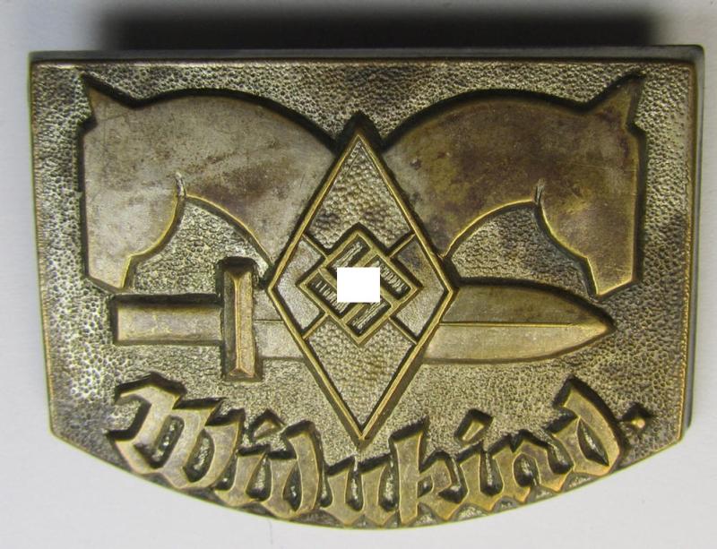 Superb - and scarcely encountered! - HJ (ie. 'Hitlerjugend') related 'tinnie' being a clearly maker- (ie. 'Hoffstätter - Bonn'-) marked example depicting a: 'HJ-Raute' and two-headed horses'-shield surrounded by the text: 'Widukind'