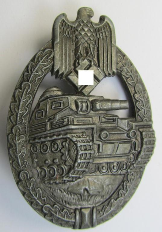 Uncommonly found 'Panzerkampfabzeichen in Bronze' (or: bronze-class panzer-assault badge or PAB) being a non-maker-marked- and/or typical zinc- (ie. 'Feinzink'-) based 'dish-back'-specimen as was procuced by a to date unidentified maker