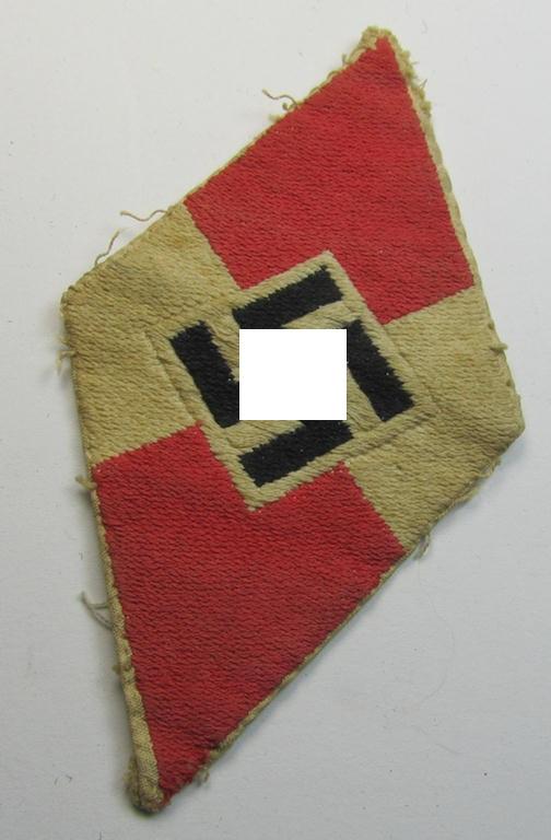 'Standard-issue'-pattern, 'Hitlerjugend'- ie. 'Bund Deutsche Mädel (HJ/BDM) so-called: 'Ärmelraute' as was executed in so-called 'BeVo'-weave pattern (being a moderately used- ie. clearly worn example)