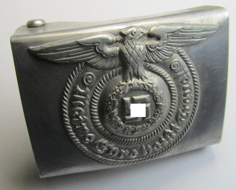 Superb, SS- (ie. Waffen-SS), aluminium-based, enlisted-mens'- (ie. NCO-type-) belt-buckle being a neatly maker- (ie. 'RzM - 822/38 SS'-) marked example that comes in a minimally used- ie. worn, condition